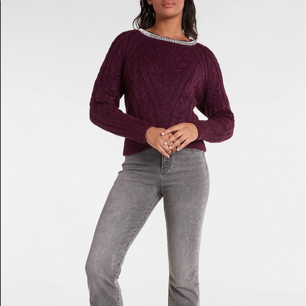 Express Cable Knit Embellished Neckline Sweater